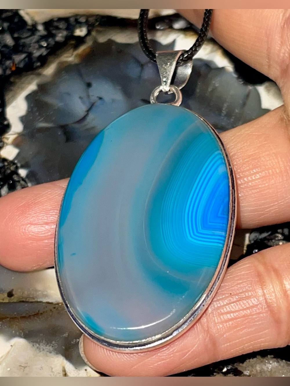Lightweight Smooth Translucent Oval Blue Banded Agate Pendant 2 1/2”